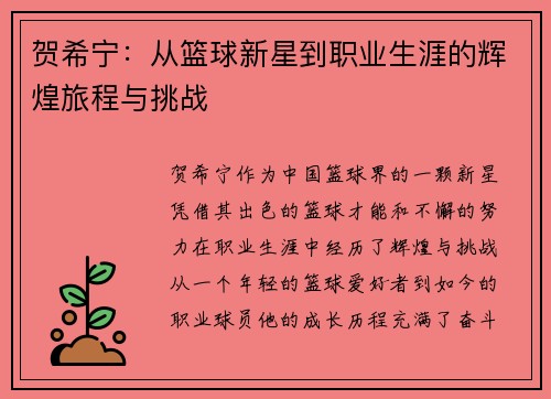 贺希宁：从篮球新星到职业生涯的辉煌旅程与挑战